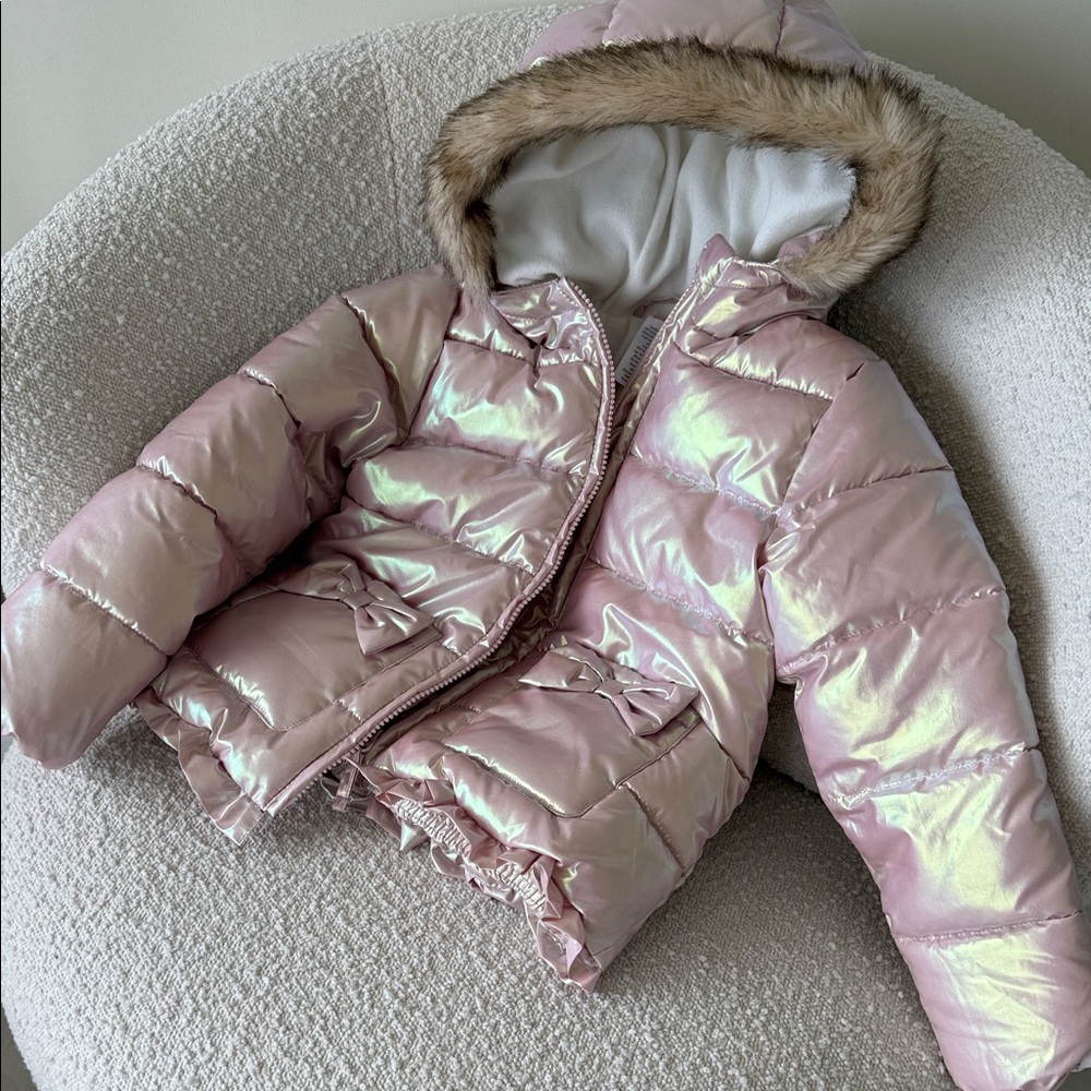 Iridescent Pink Hooded Puffer Jacket with Faux Fur Trim